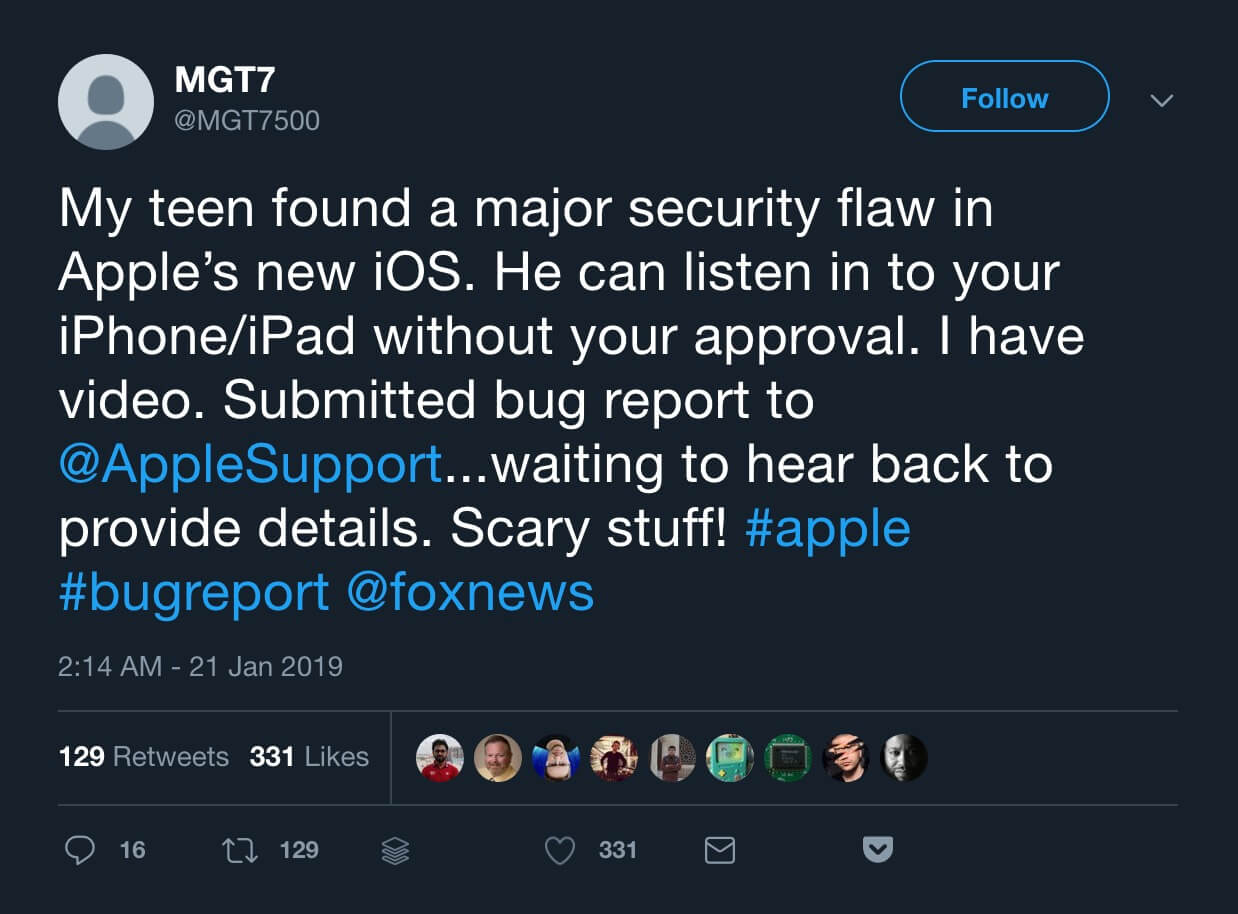 A tweet from January 21 showing the user @MGT7500 describing an iOS security flaw discovered by their teen. 