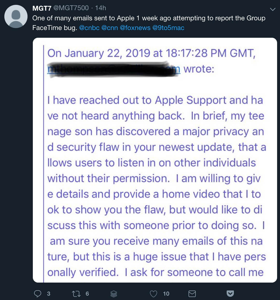 A tweet showing an email sent to Apple on January 22 asking to discuss the security flaw on a call.