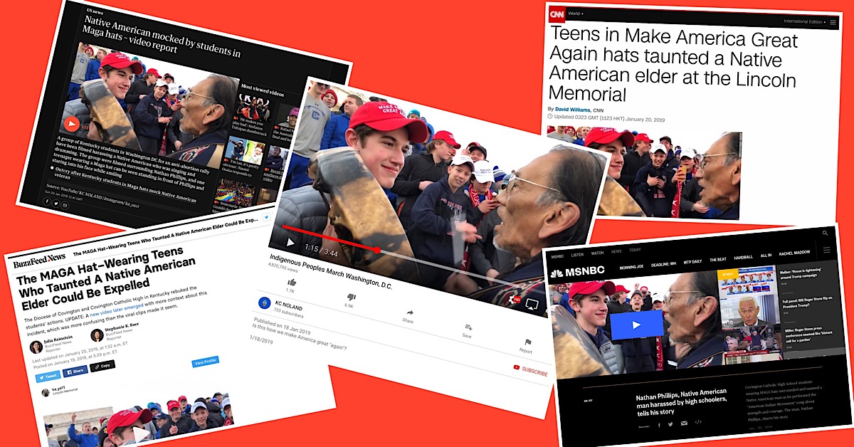 Screenshots of some of the original news coverage and videos from the Covington kids story.