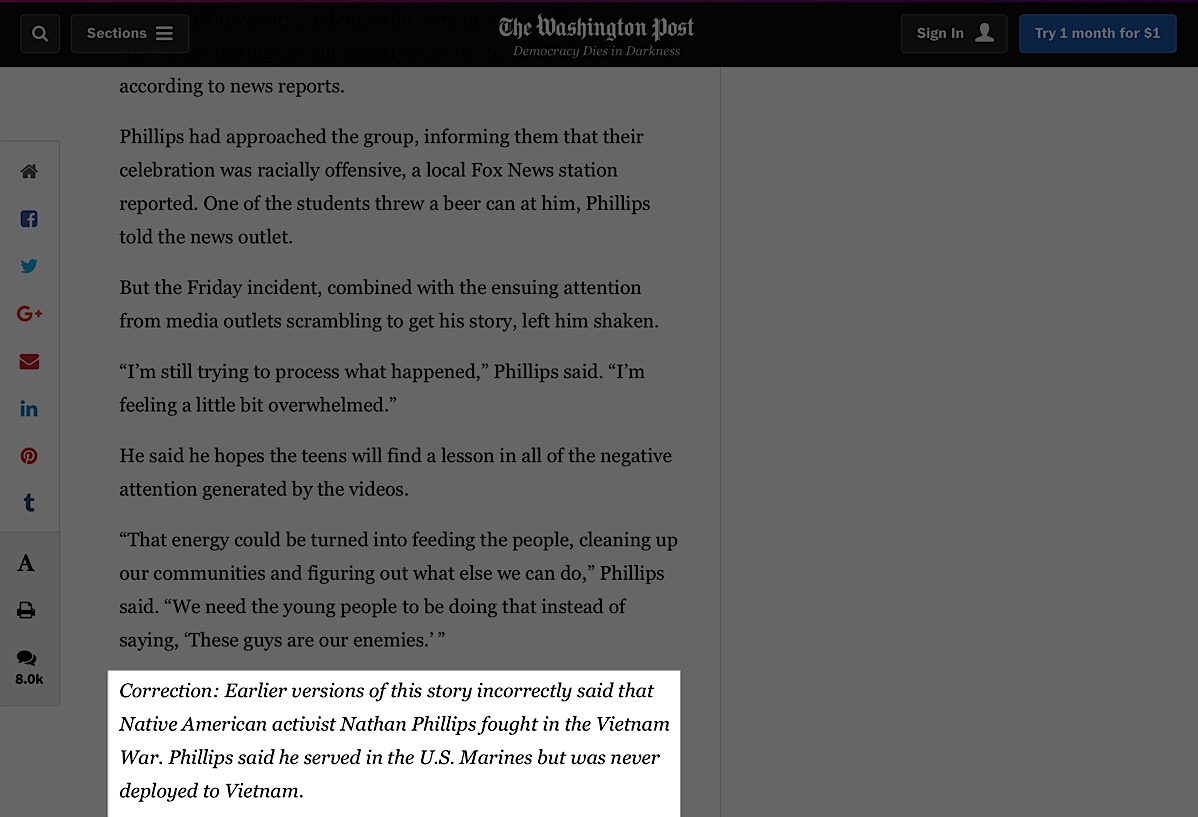 Screenshots of The Washington Post’s correction of the claim that Nathan Phillips was a Vietnam veteran.