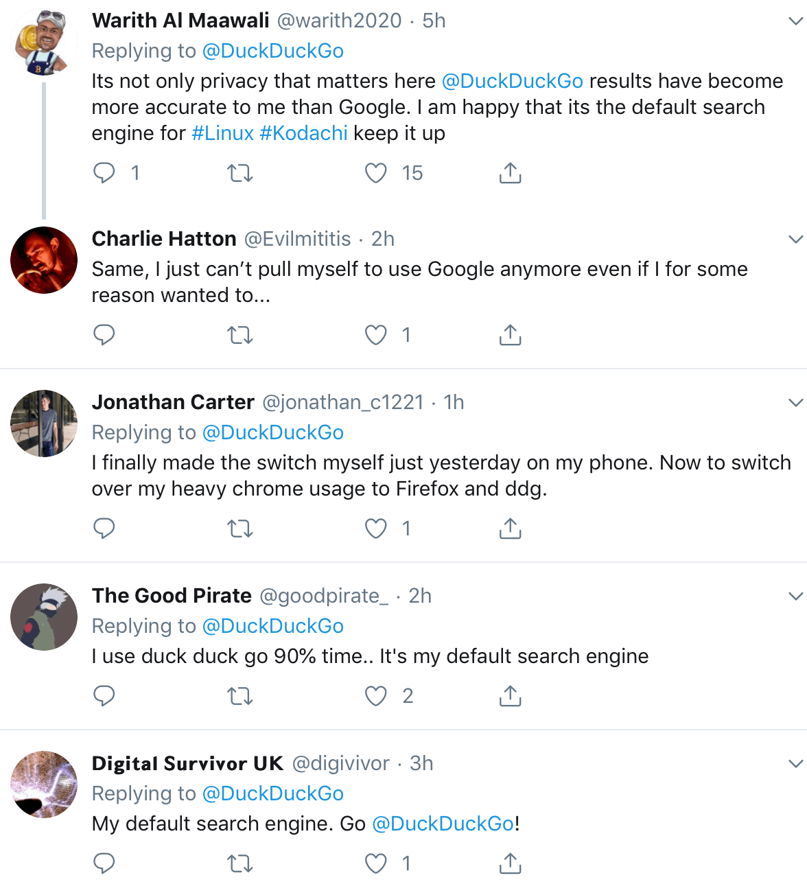A bunch of tweets where users say that they're happy to support and use DuckDuckGo instead of Google