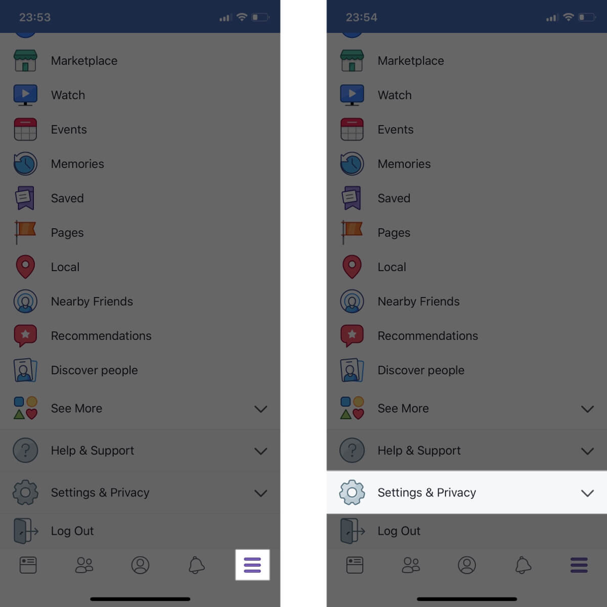 Screenshots showing how to access your Facebook settings.