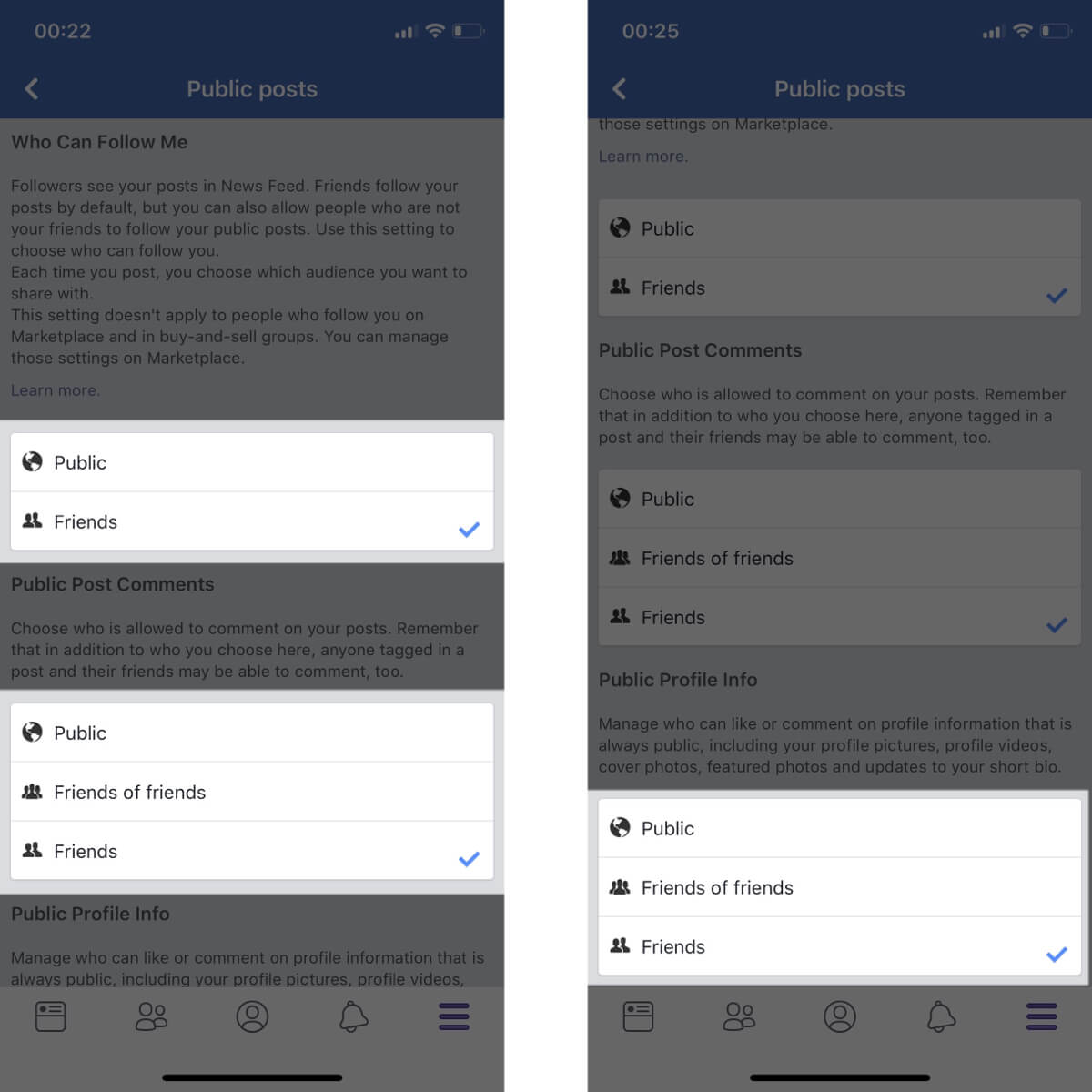 Screenshots showing the specific public post settings you should change to minimize public interactions and the associated data collection on Facebook.
