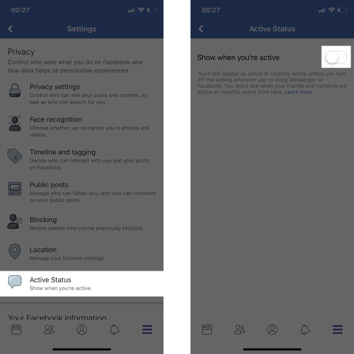 Screenshots showing how to access your active status settings on Facebook.