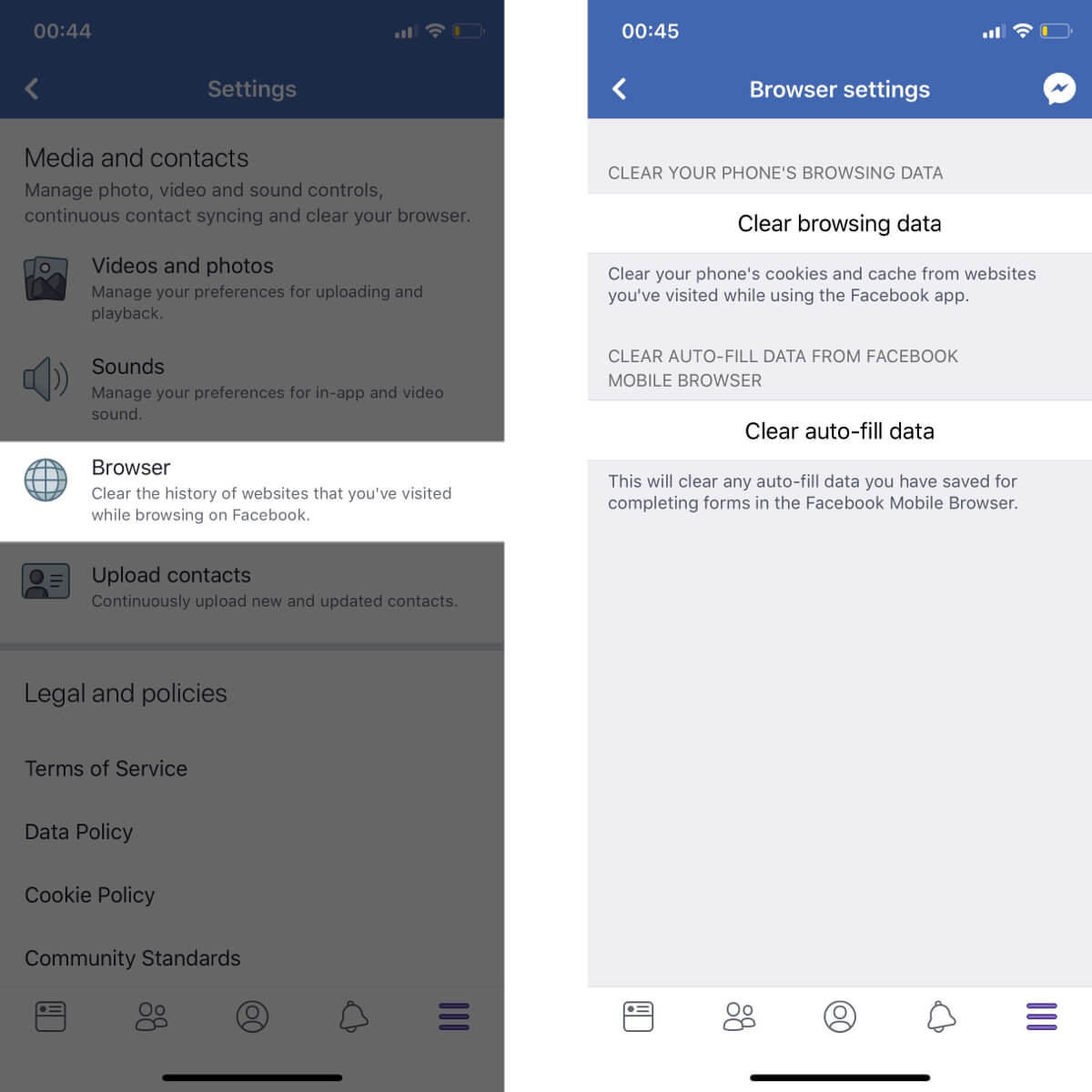 Screenshots showing how to access your Facebook browser settings.