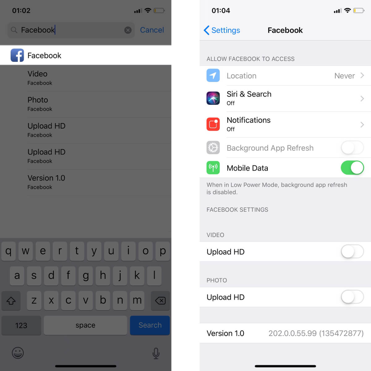 Screenshots showing how to change and restrict the permissions Facebook has on an iOS device.