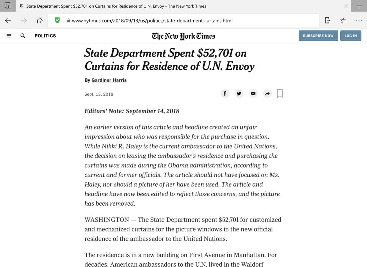 A screenshot of a post from The New York Times in the Microsoft Edge iOS browser with NewsGuard enabled.