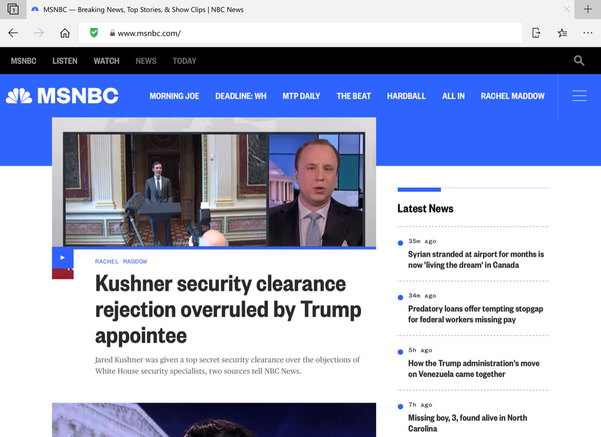 A screenshot of the MSNBC homepage in the Microsoft Edge iOS browser with NewsGuard enabled.