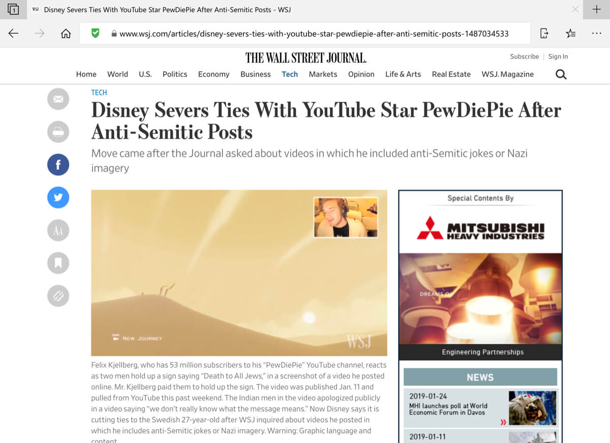 A screenshot of a post from The Wall Street Journal in the Microsoft Edge iOS browser with NewsGuard enabled.
