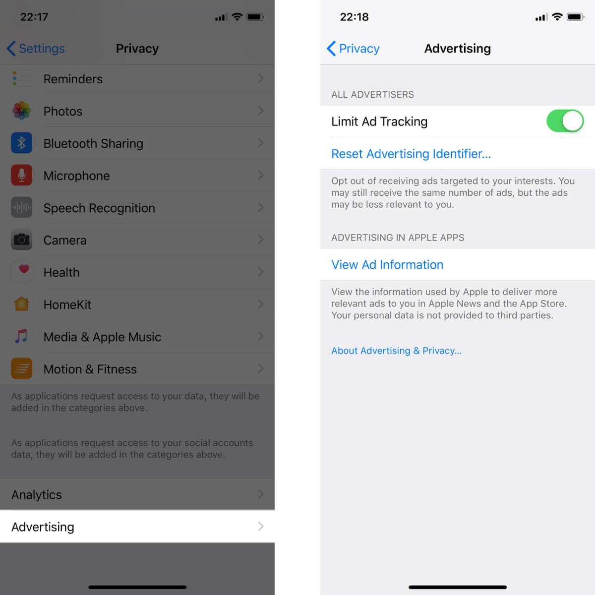 Screenshots showing how to limit ad tracking on iOS.