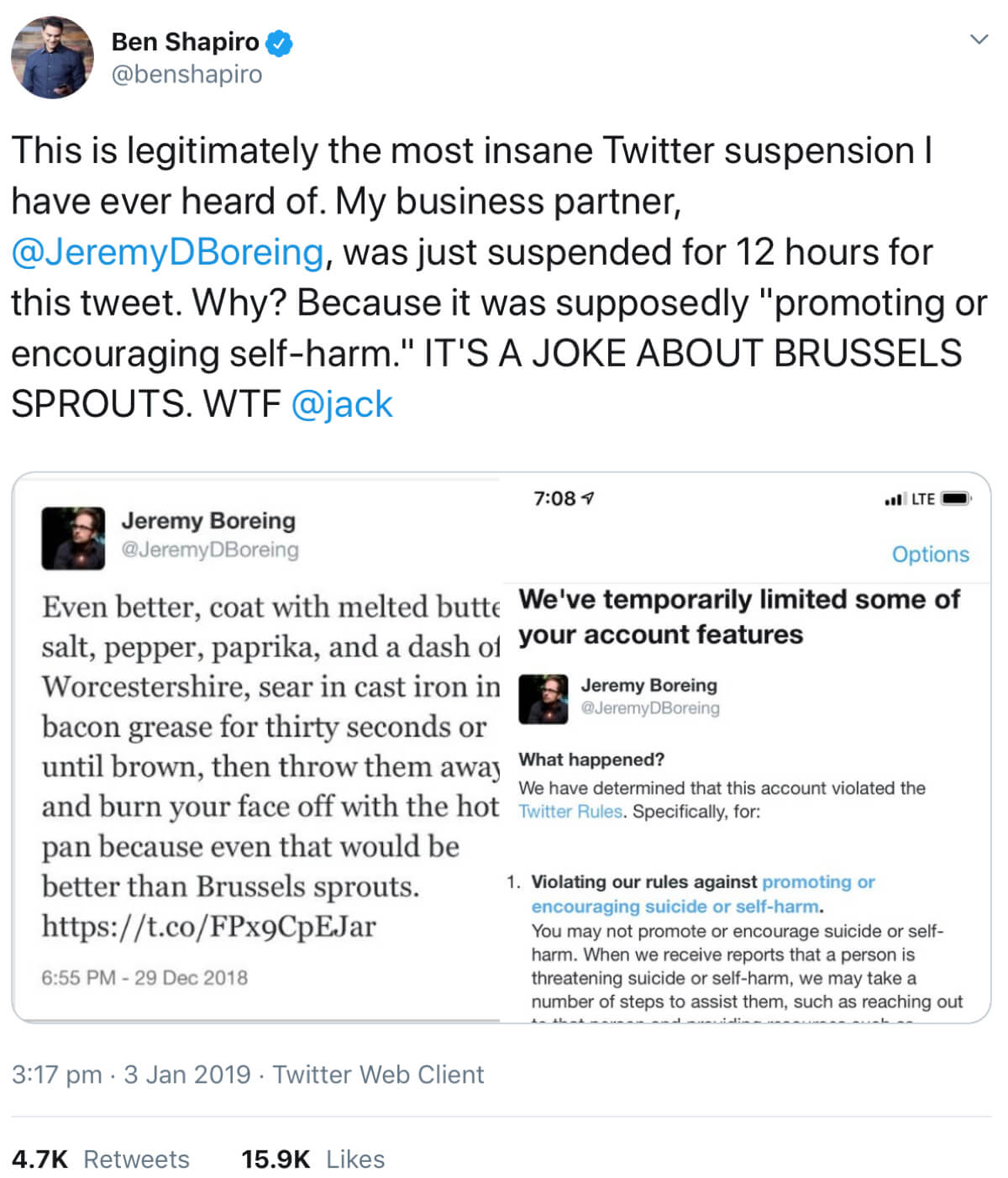 A tweet from @benshapiro showing screenshots of the tweets that led to his business partner @JeremyDBoreing being temporarily suspended from Twitter.