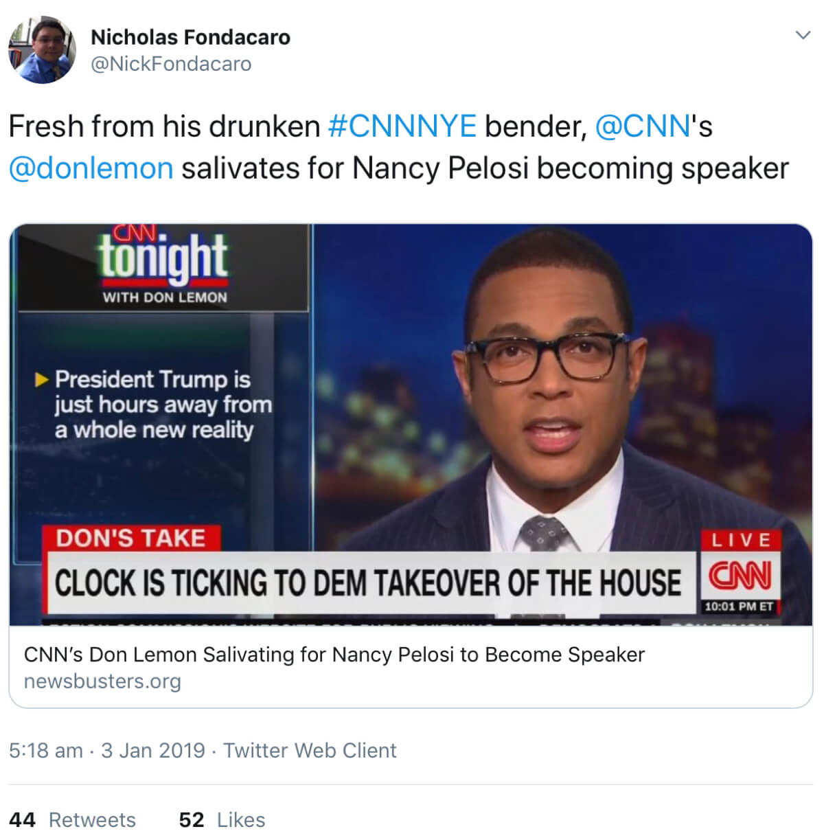 A tweet from @NickFondacaro which links to an article criticizing the CNN anchor Don Lemon.
