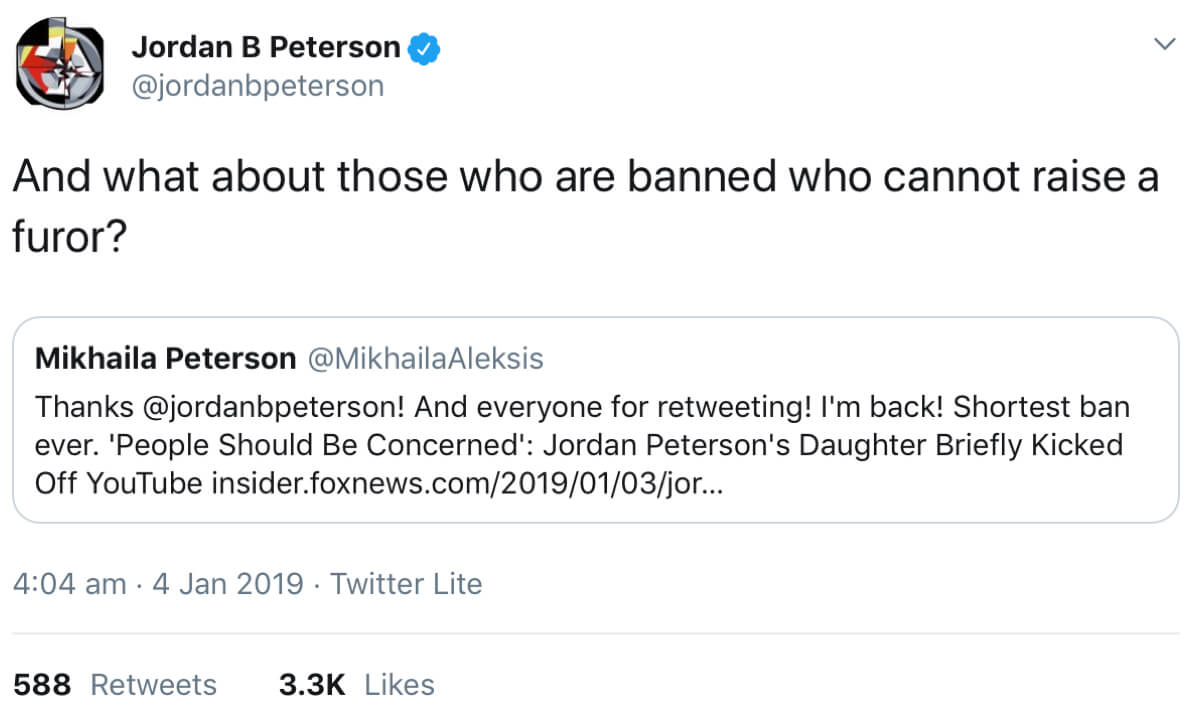 A tweet from the best selling author Jordan B Peterson commenting on his daughter’s YouTube channel mistakenly being given a community guidelines strike.