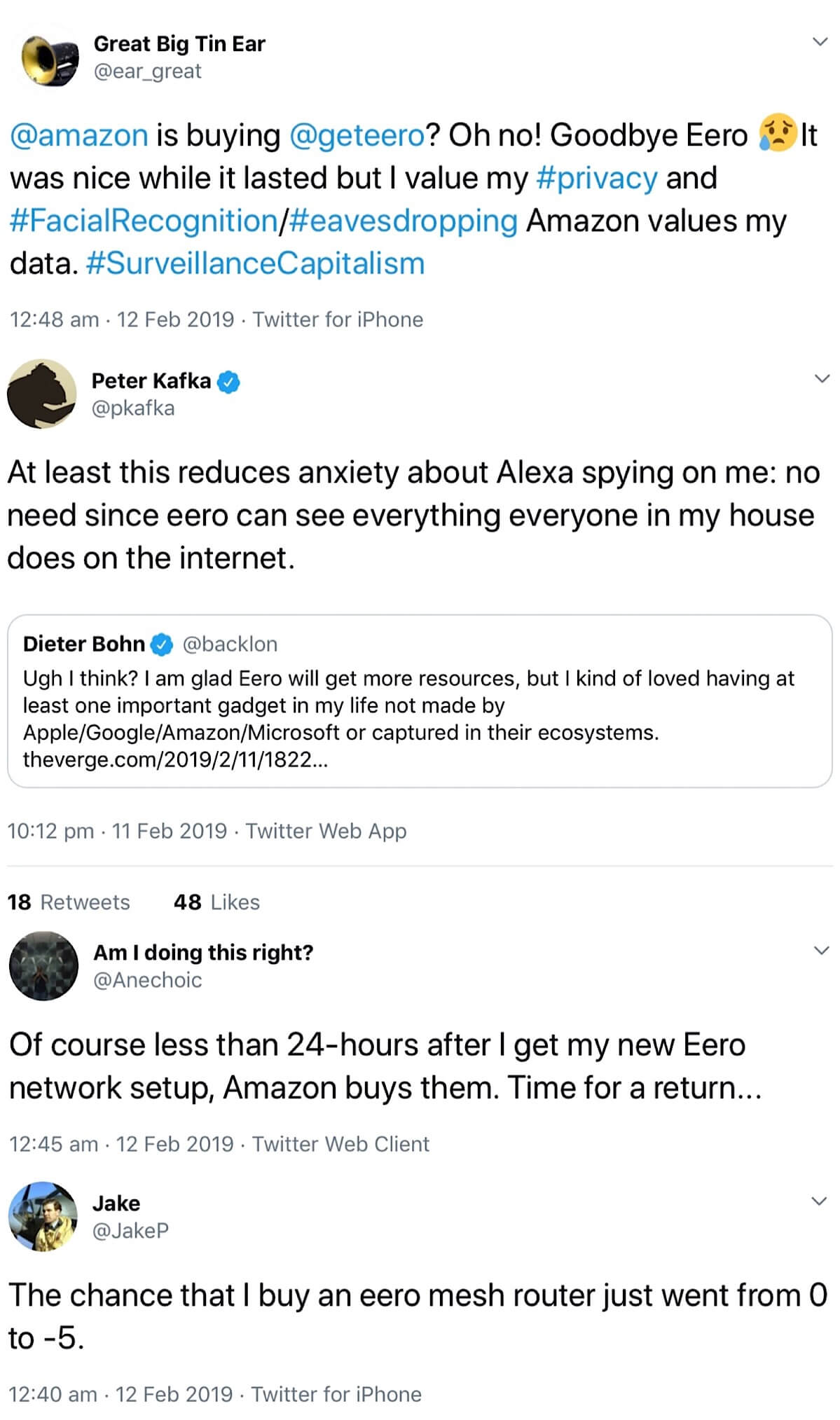 A screenshot of various tweets reacting to the news that Amazon is acquiring Eero.