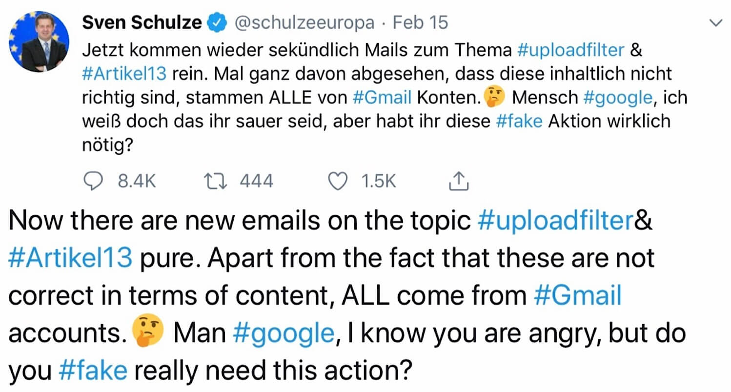 A tweet from @schulzeeuropa claiming that Google is creating fake Gmail messages to oppose Article 13.