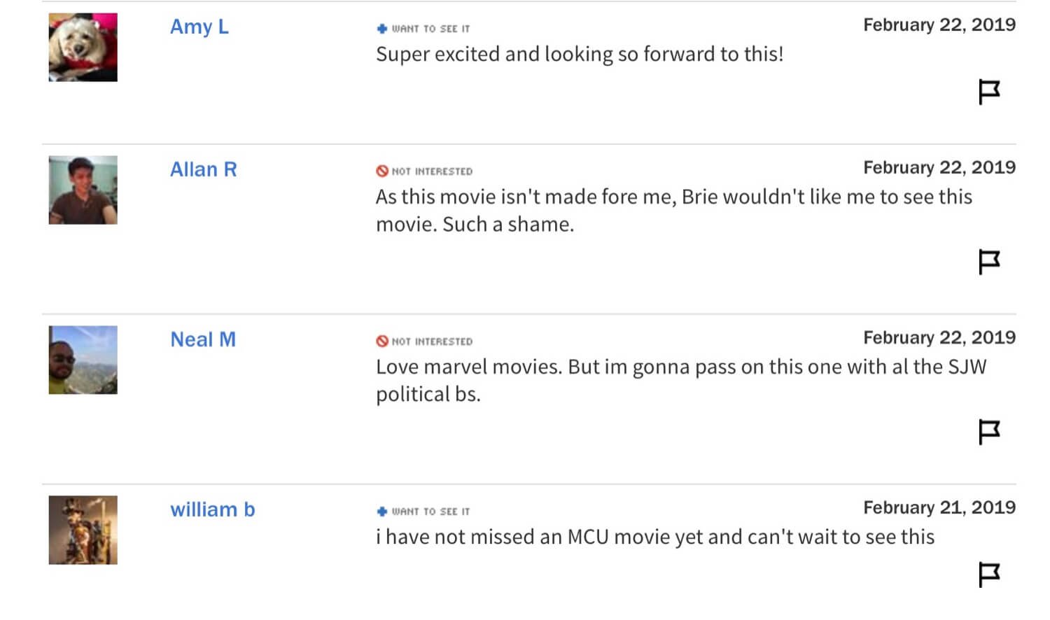 Pre-release user comments on Captain Marvel saying whether they “Want to See It” or are “Not Interested.”