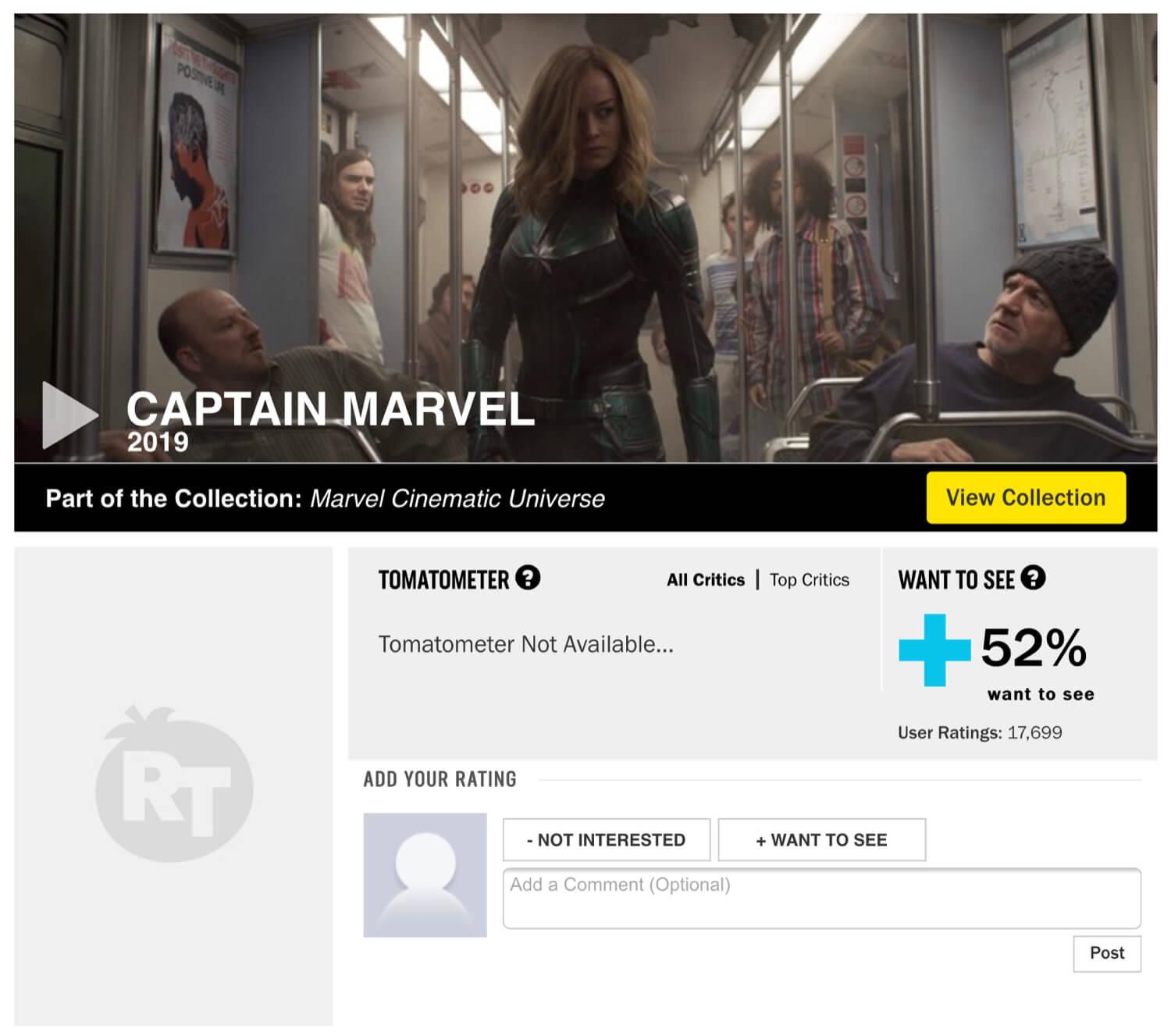 The Captain Marvel Rotten Tomatoes page with a “Want to See” score before the changes to the Audience Rating System.