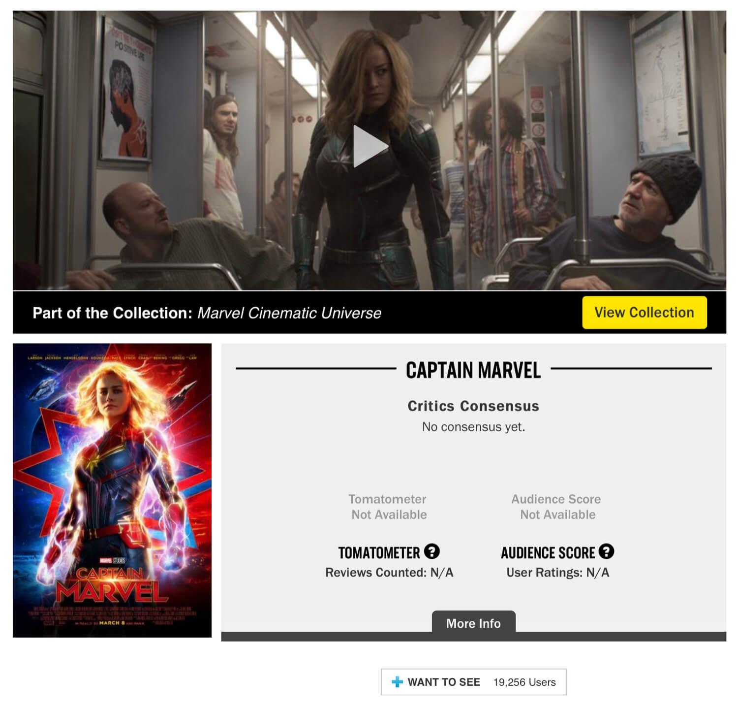 The Captain Marvel Rotten Tomatoes page with a “Want to See” score before the changes to the Audience Rating System.