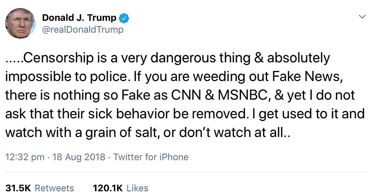 Donald Trump’s tweet on the dangers of censorship.