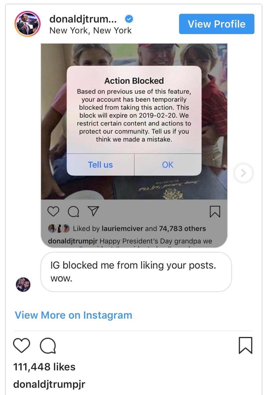 A screenshot of an Instagram user having an action blocked on Instagram along with the claim that this is a block on liking Donald Trump Jr.’s posts.