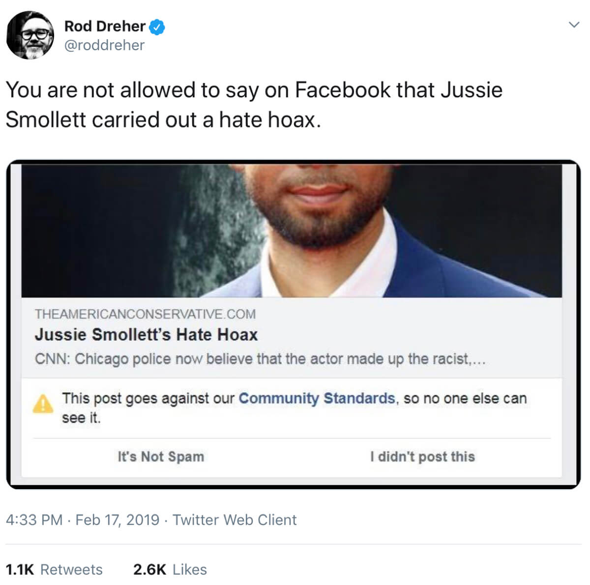 Rod Dreher’s tweet about links to his Jussie Smollet article being blacklisted.