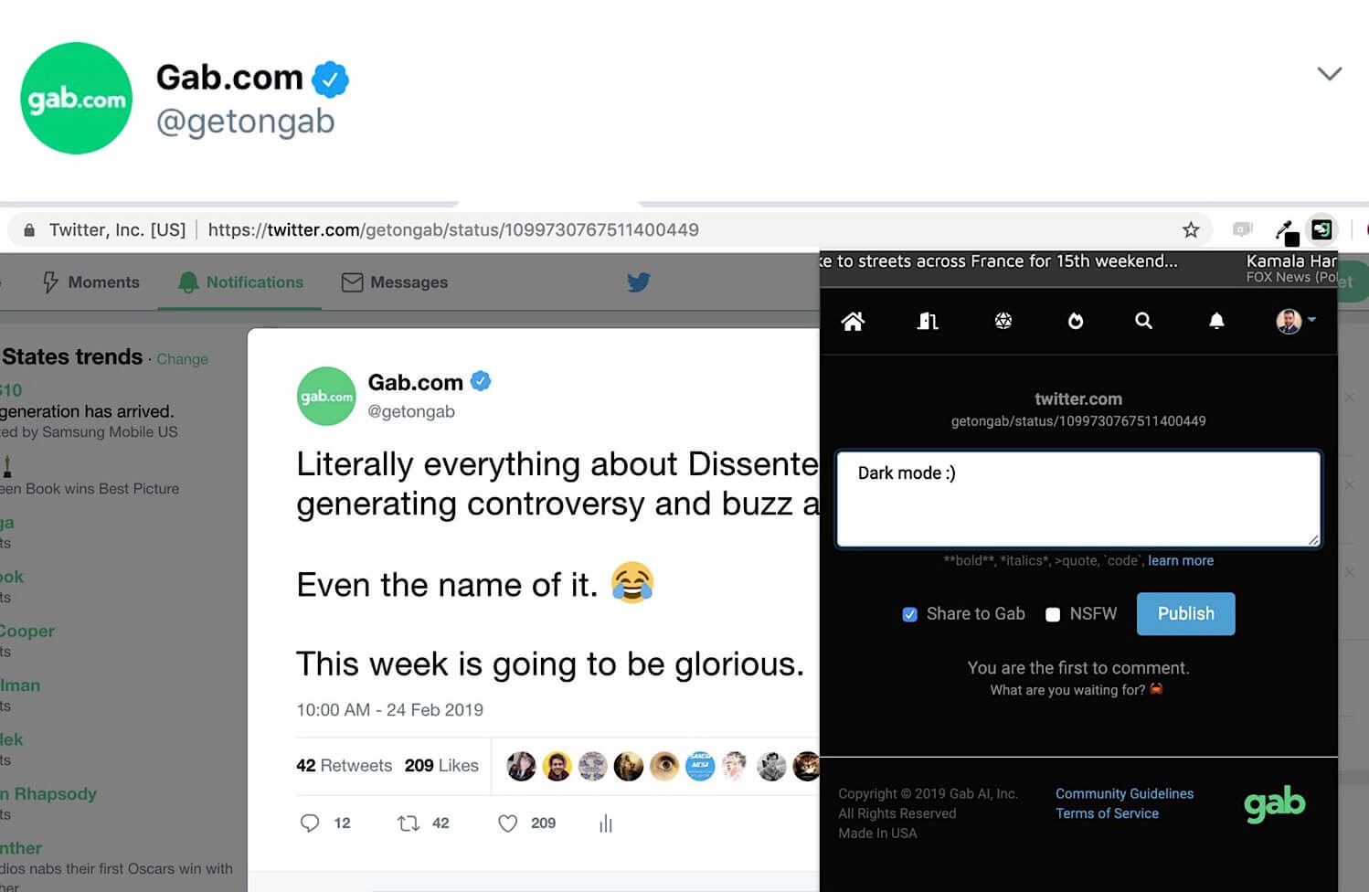 The Dissenter browser extension being used in dark mode.