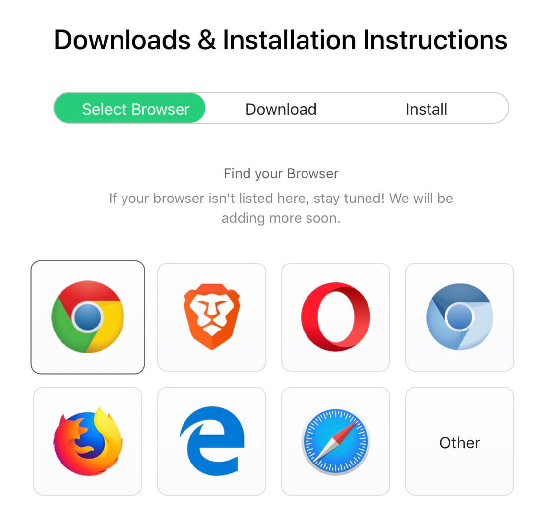 Dissenter's download page with a list of the currently supported browsers.