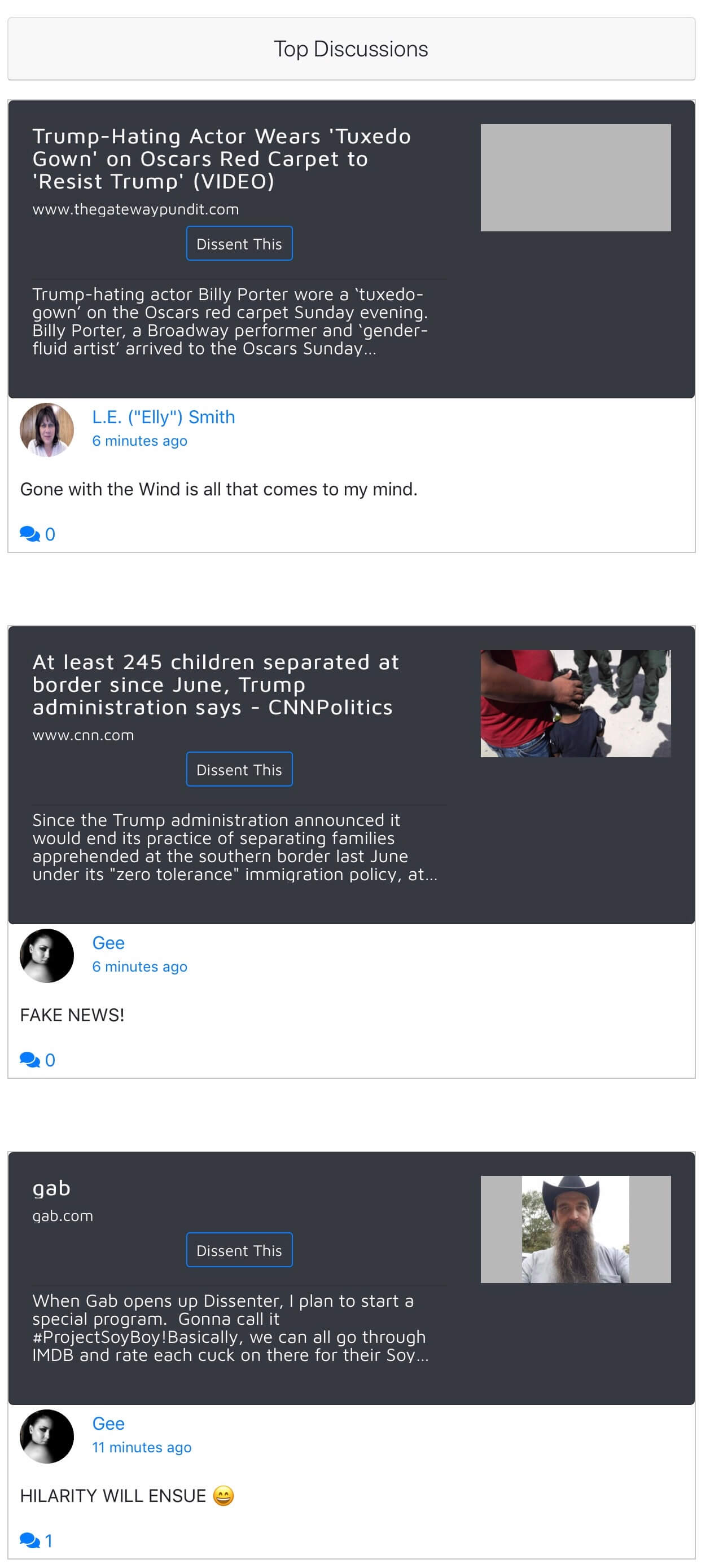 The “Top Discussions” section on the Dissenter homepage.