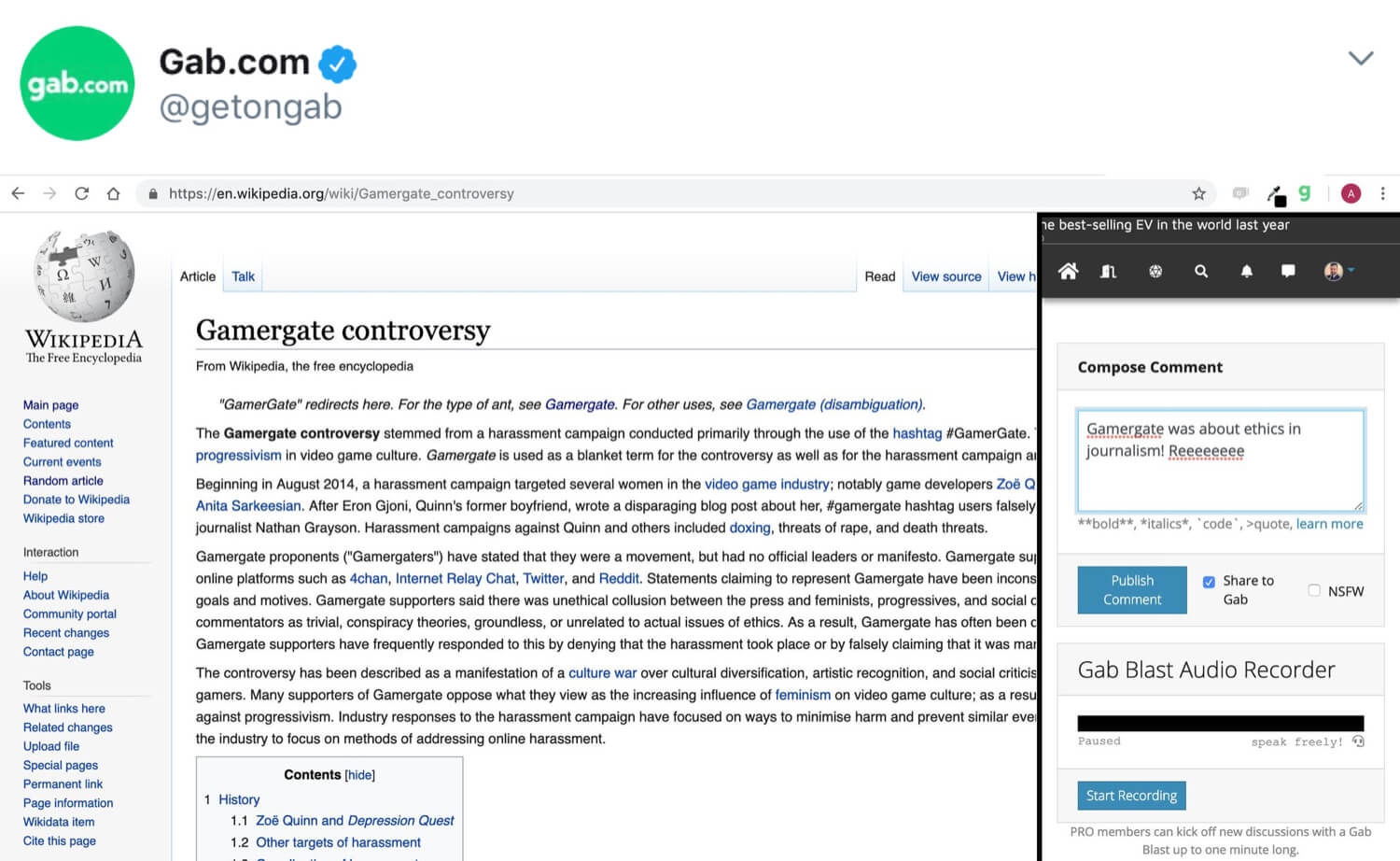 The Dissenter browser extension being used on the Gamergate Wikipedia page.