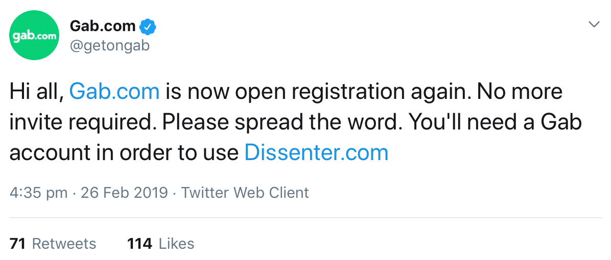 Gab’s tweet announcing that Dissenter is now open to all.
