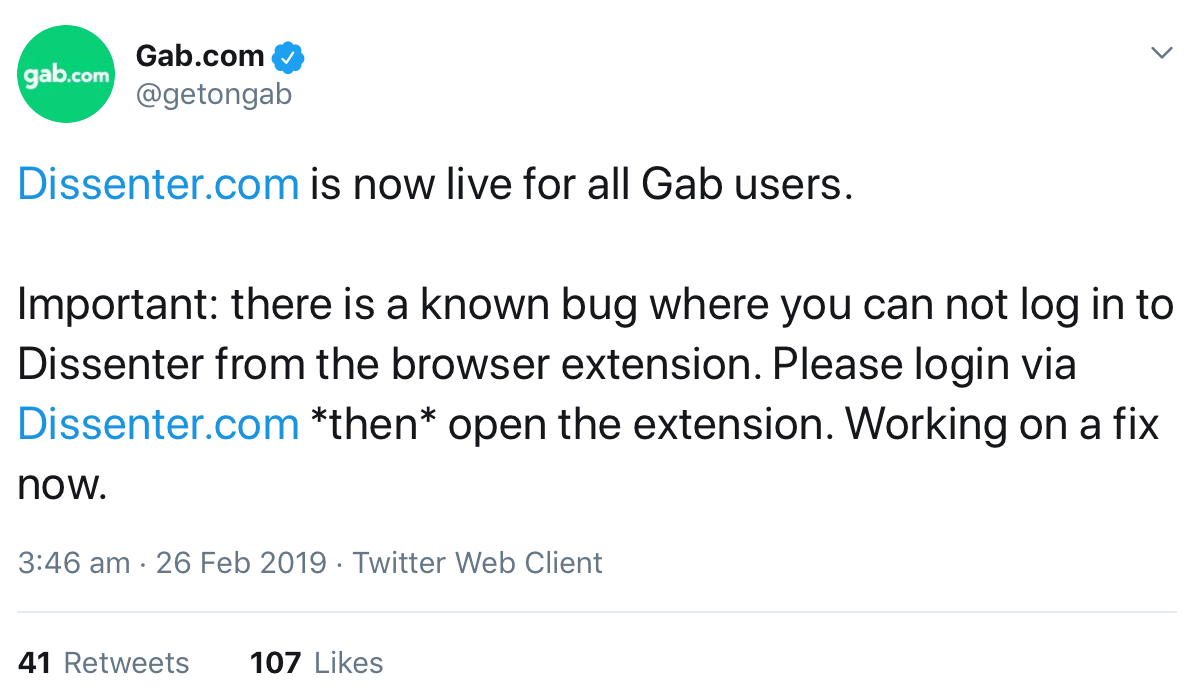 Gab’s tweet announcing that Gab is now open to all.