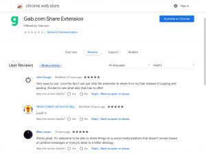 Early five-star reviews of the Gab.com Share Extension in the Google Chrome Web Store.