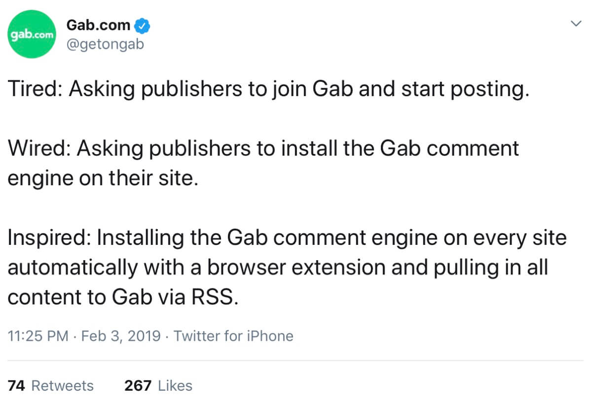 A screenshot of the Gab Share extension homepage.