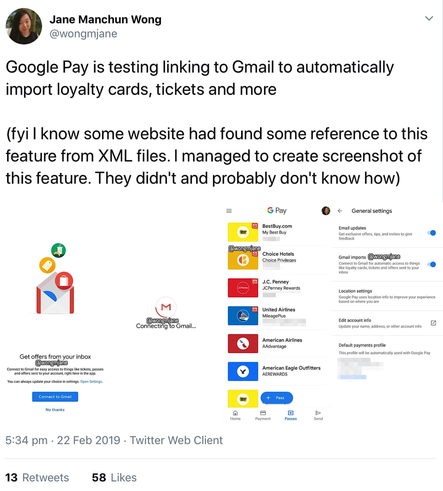 Early screenshots of Google Pay’s upcoming Gmail integration which will scan Gmail for loyalty cards, passes, tickets, and other offers.
