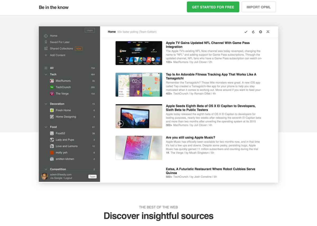A screenshot of the Feedly homepage.