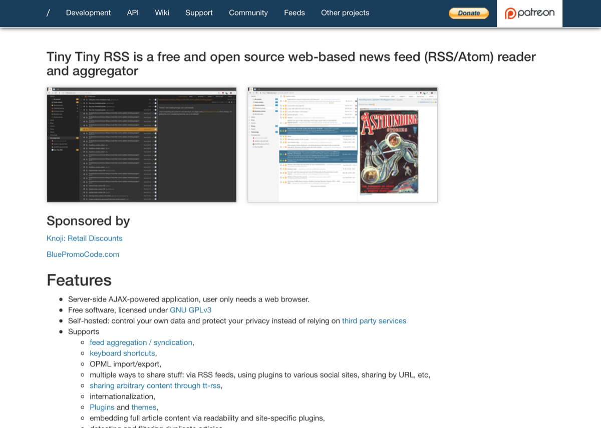 A screenshot of the Tiny Tiny RSS homepage.