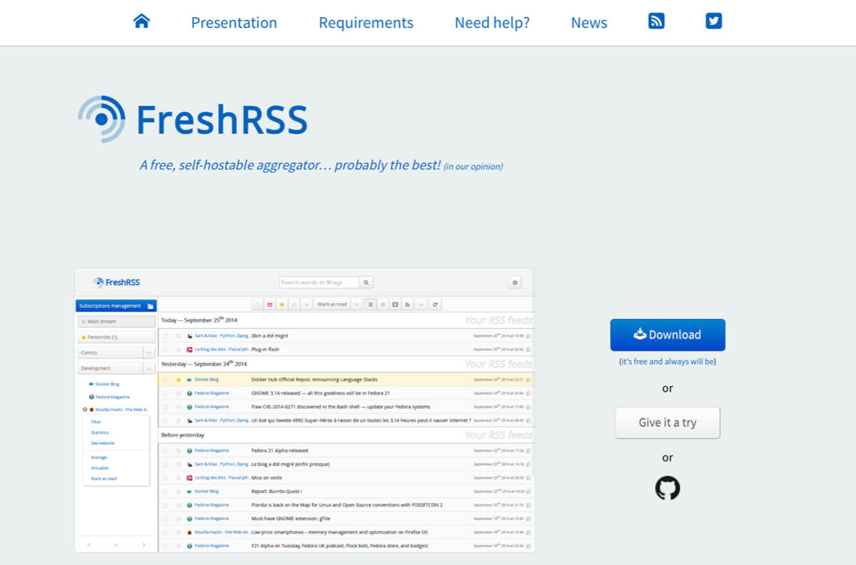 A screenshot of the FreshRSS homepage.
