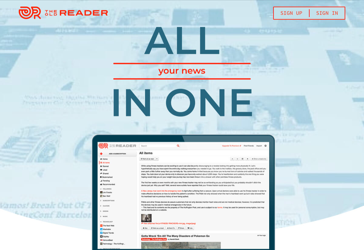 A screenshot of The Old Reader homepage.