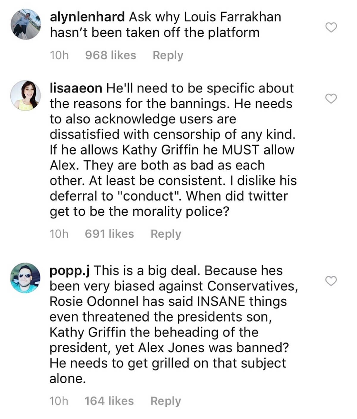 A screenshot of @alynlenhard, @lisaaeon, and @popp.j replying to @joerogan on Instagram.