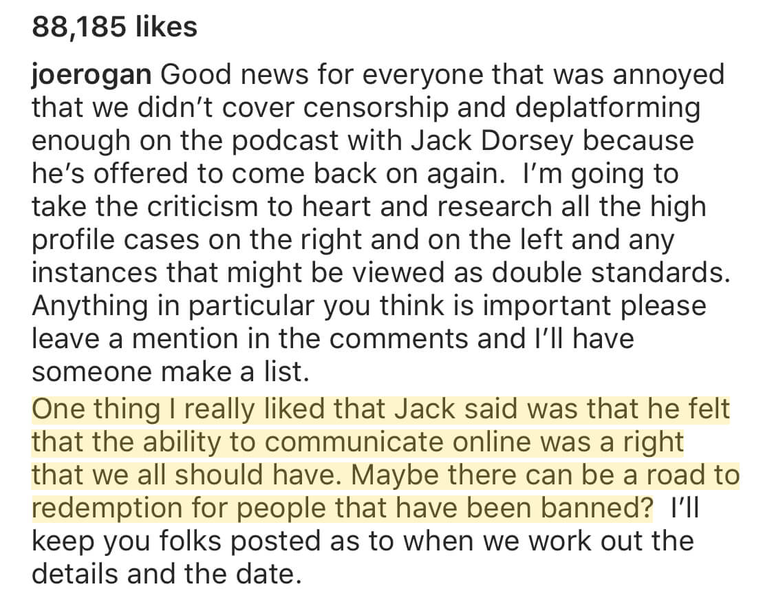 A screenshot of @joerogan’s Instagam post highlighting his comments about a road to redemption for people that have been banned.