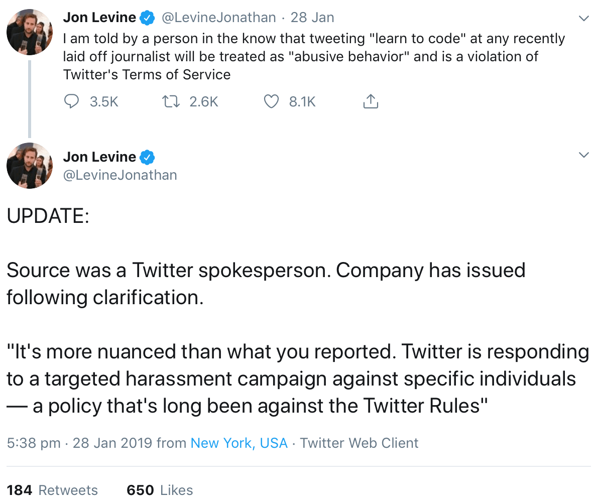 A tweet giving an update on Twitter’s policies in relation to the “learn to code” meme.