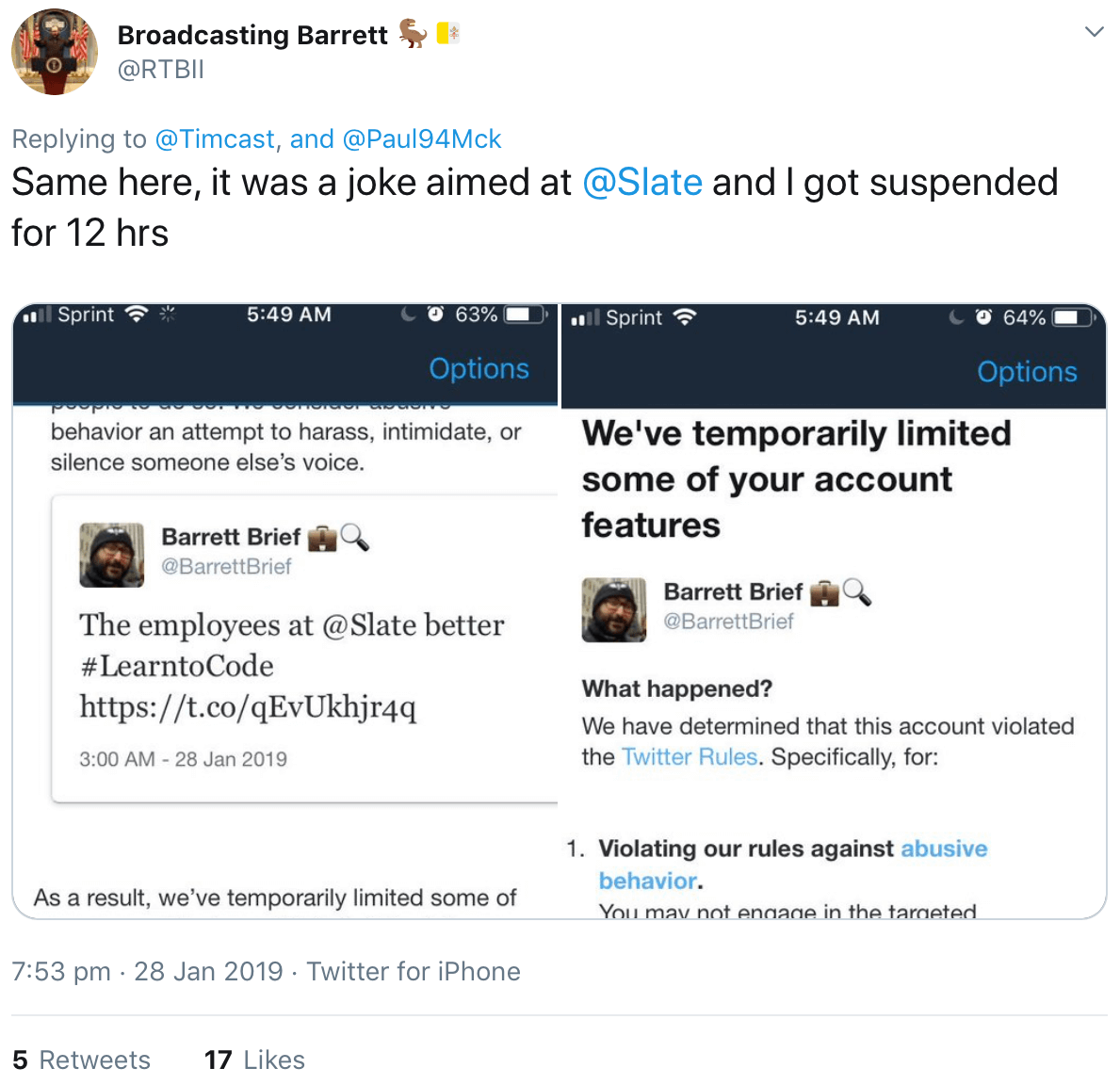 A tweet showing a Twitter user being suspended for using #learntocode.