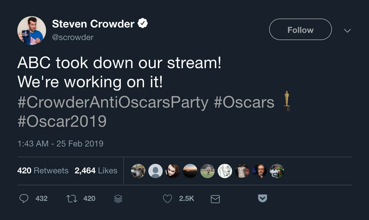 Steven Crowder’s tweet announcing the Anti-Oscars Party stream had been taken down.