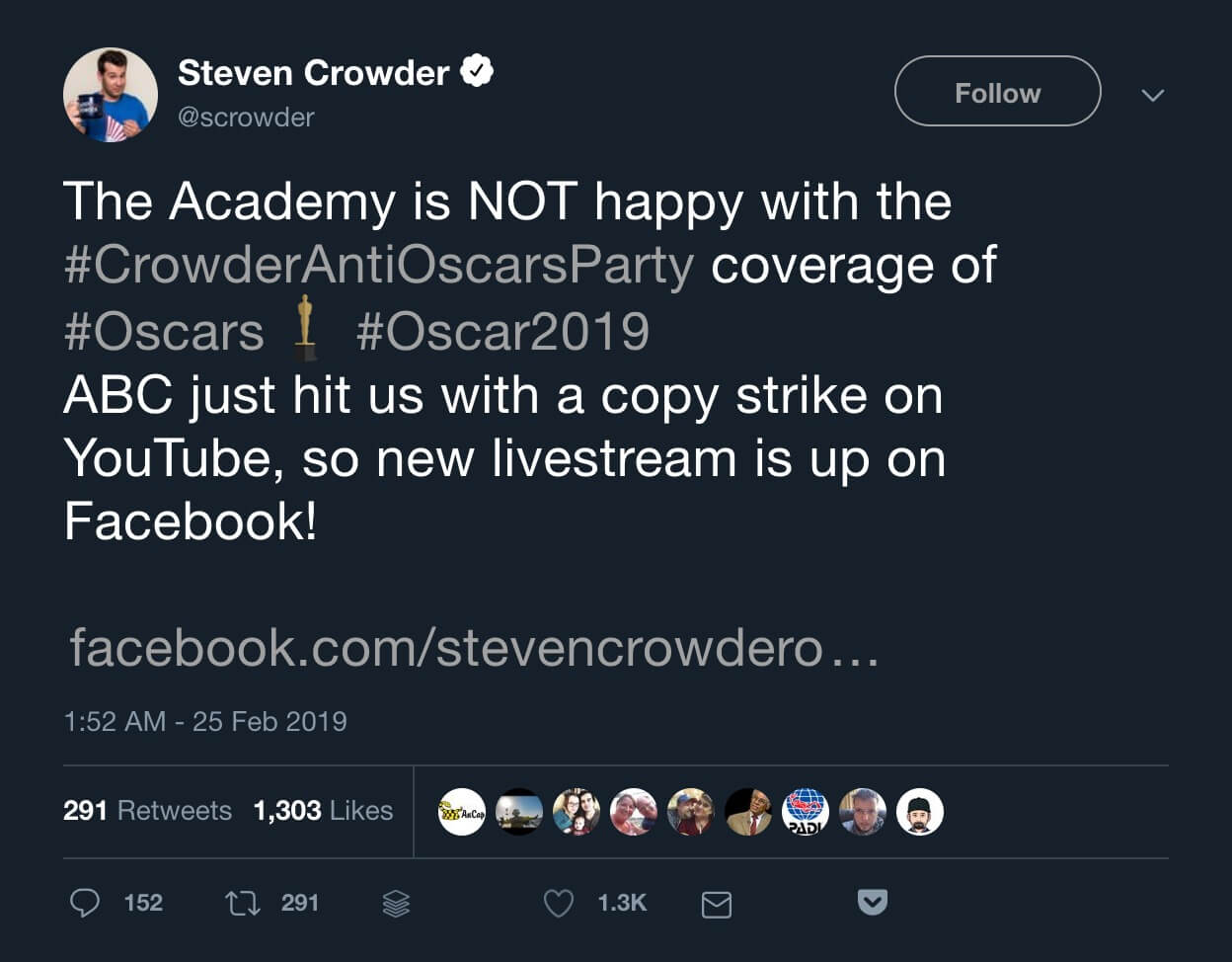 Steven Crowder’s tweet announcing the Anti-Oscars Party stream being back up on Facebook.