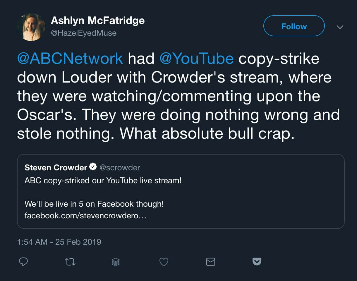 A Steven Crowder fan responding to his Anti-Oscars Party stream being taken down by YouTube.