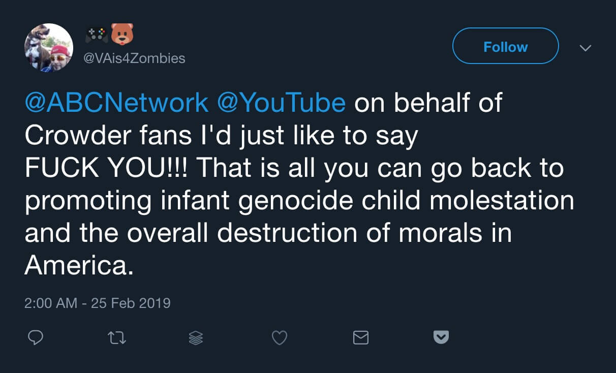 A Steven Crowder fan responding to his Anti-Oscars Party stream being taken down by YouTube.