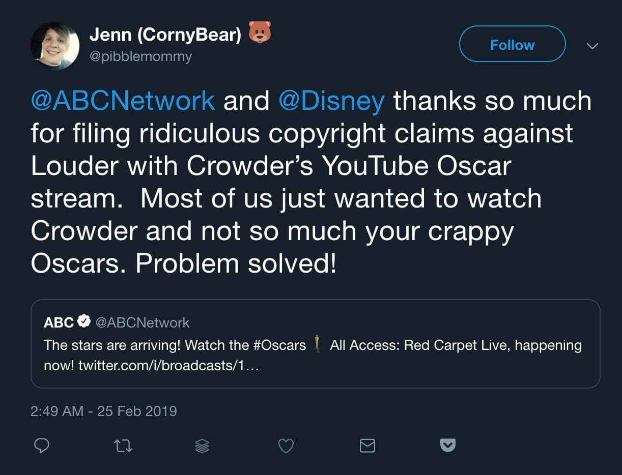 A Steven Crowder fan responding to the copyright claim against his Anti-Oscars Party stream.