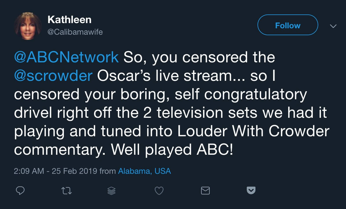 A Steven Crowder fan responding to the copyright claim against his Anti-Oscars Party stream.