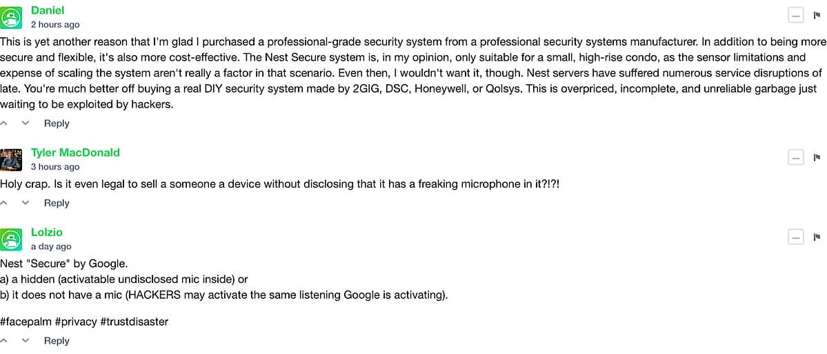 A screenshot of the comments from an Android Authority article about Nest 