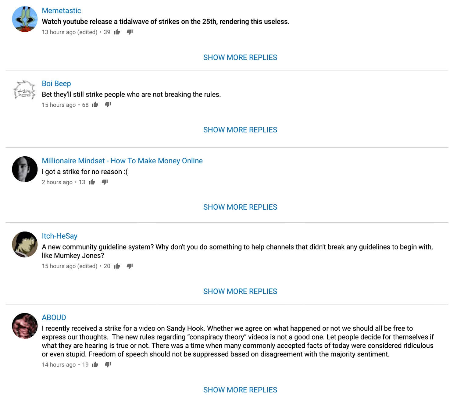 YouTube comments highlighting problems with the community guidelines strikes system.